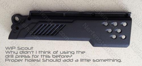 nerf-scout-slide-holes-drilled-nerfenstein Nerf Scout slide prop mod build holes drilled out